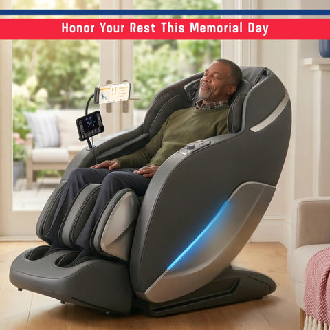 Person relaxing in 4D Massage Chair For Home Relaxation With Full Body Zero Gravity Recliner And 55 Inch SL Track Body Scan A303C Black.