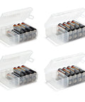 Four Battery Storage Boxes For AA And AAA Clear Snap Lid Organizer Set Each Holds Up To 12 Batteries, shown open with batteries inside.