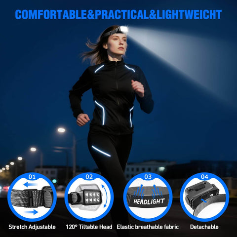 Woman running at night wearing 6 Pack Rechargeable LED Headlamp With Motion Sensor IPX6 Waterproof Hands Free Headlamp for safety.