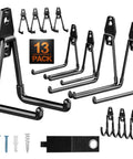 Heavy Duty Garage Wall Hooks Set With Anti Rust PVC Coating, Multi Sized Wall Mounted Tool Hangers Set with 13 hooks visible.