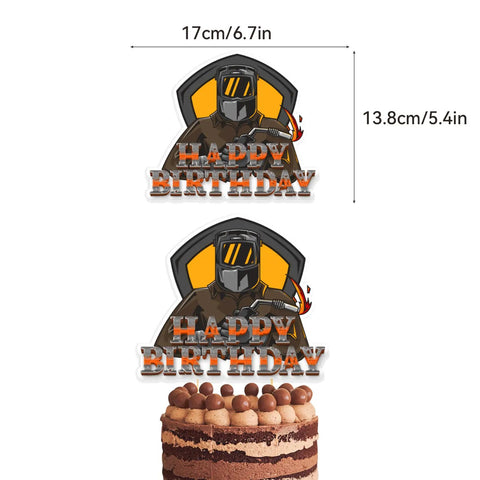 Welding Theme Birthday Party Decor Kit With Happy Birthday Banner Cake Topper Cupcake Toppers Balloons And Ribbon For Electric Welder Celebration featuring cake topper with welder design measuring 17cm by 13.8cm.