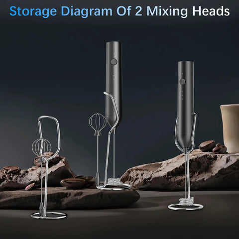 Rechargeable Milk Frother With Stand Quiet Electric Wand Foam Maker Detachable Stainless Steel Whisk Displayed with Mixing Heads