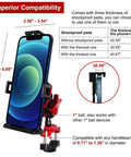 All Metal Motorcycle Phone Mount Is A Beast Mode Rig With CNC 6061 Aluminum And Stainless Steel Hardware Giving You Rock Solid Anti Theft Security On Harley Davidson Compatible 18 To 32mm Handlebars In Red with shockproof pads and size compatibility.