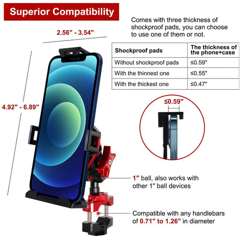 All Metal Motorcycle Phone Mount Is A Beast Mode Rig With CNC 6061 Aluminum And Stainless Steel Hardware Giving You Rock Solid Anti Theft Security On Harley Davidson Compatible 18 To 32mm Handlebars In Red with shockproof pads and size compatibility.