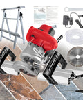 Electric Tile Chamfering Tool And Handheld Bevel Cutter For Dead Nuts Precise 43 Degree Angles With Killer 13000 Rpm Wet Water Cutting On Ceramic Stone Using Double Handle Easy Peasy Grip As An Absolute Beast Machine Plus Bracket Stand components and accessories displayed on tile surfaces.