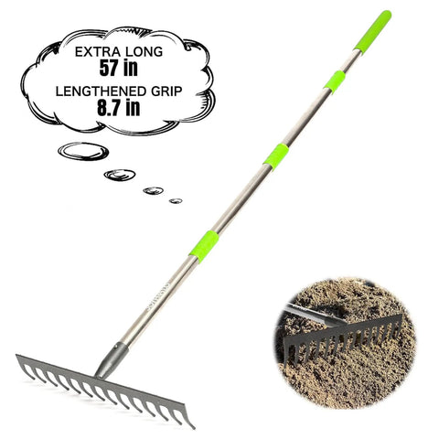 Adjustable Bow Rake With 14 Tines, 13.7 Inch Wide Metal Head, Telescoping 30.5 To 57 Inch Reach, Easy Garden Cleanup Tool