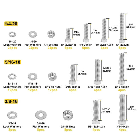 176 Piece Heavy Duty Hex Head Bolts And Nuts Kit In 304 Stainless Steel Metric Set For Rugged Repairs And Projects With Precise Threads And Durable Construction 1/4-20, 5/16-18, 3/8-16 sizes