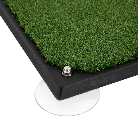 Close-up of Indoor Golf Swing Trainer With Real Turf Mat and Suction Pad Base for steady at-home practice.