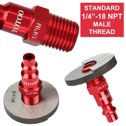 Close-up of 15 Piece Universal Air Coupler And Plug Kit With Quick Connect Air Hose Fittings, heavy duty aluminum, red color.
