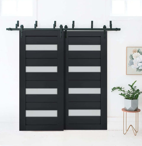 Frosted Glass Solid Wood Bypass Sliding Door Set For Interior Barn Doors 72x96 Black Modern Style Installed in Living Space