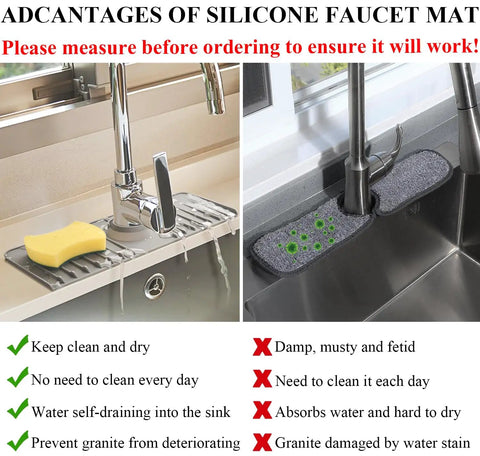 Must Have 3 In 1 Sink Splash Guard With Silicone Faucet Drip Catcher Tray Soap Dish And Sponge Holder For Kitchen RV And Bar Faucets 14.4 By 5.4 Inches Grey displayed with sponge and faucet