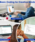 4DOF Robotic Arm Kit on desk with joystick and colored blocks; laptop shows Arduino programming.