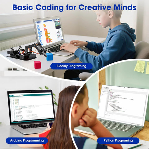 4DOF Robotic Arm Kit on desk with joystick and colored blocks; laptop shows Arduino programming.