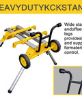 Heavy Duty Yet Featherweight Portable Table Saw Stand Designed For Smooth Rollin Shop Mobility Includes Quick Attach Miter Bracket And Zero Hassle Fast Fold Assembly, showing wide base and wheels.