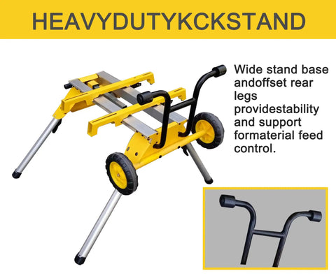 Heavy Duty Yet Featherweight Portable Table Saw Stand Designed For Smooth Rollin Shop Mobility Includes Quick Attach Miter Bracket And Zero Hassle Fast Fold Assembly, showing wide base and wheels.