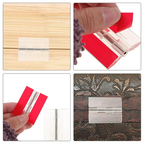 5Pcs Transparent Self Adhesive Cabinet Hinges For Small Boxes And Piano Lids shown on wood and decorative surfaces