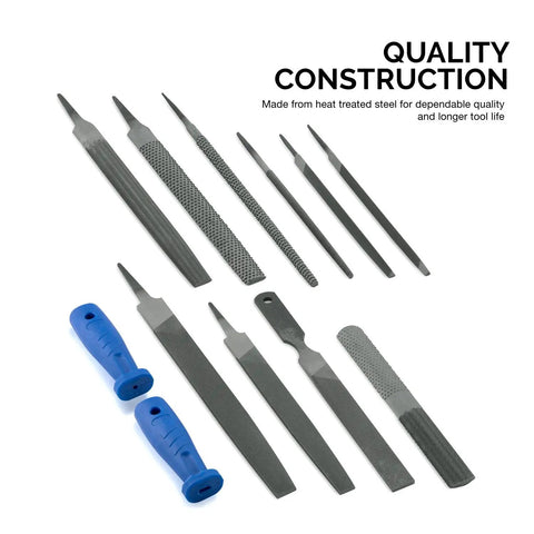 Pro Grade Metal File And Rasp Set 12 Piece With 10 8 And 6 Inch Extra Slim Flat Half Mill And Round Files Non Slip PVC Handle