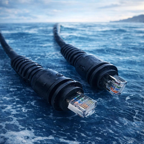 Two Amazon Kilogorge 20ft marine RJ45 Ethernet cables, black, male-to-male connectors.