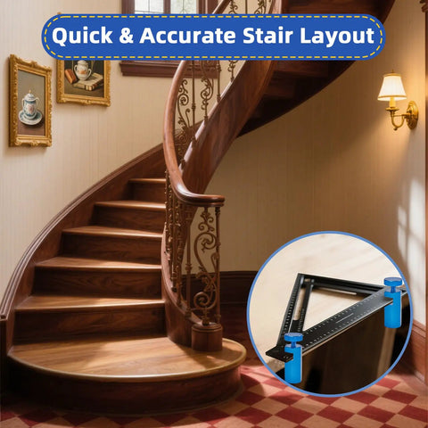 Premium Steel Stair Gauges For Framing Squares crafted for precise stair layout next to a wooden spiral staircase.