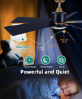 52 Inch Modern Black Gold Ceiling Fan With Led Light Remote And Smart App Control Smooth As Butter Quiet Motor displayed in a cozy bedroom.