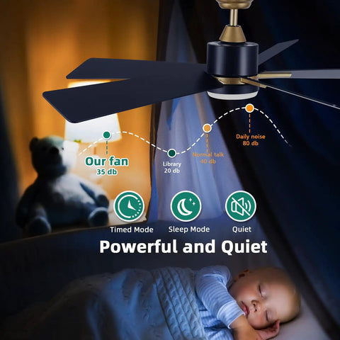 52 Inch Modern Black Gold Ceiling Fan With Led Light Remote And Smart App Control Smooth As Butter Quiet Motor displayed in a cozy bedroom.