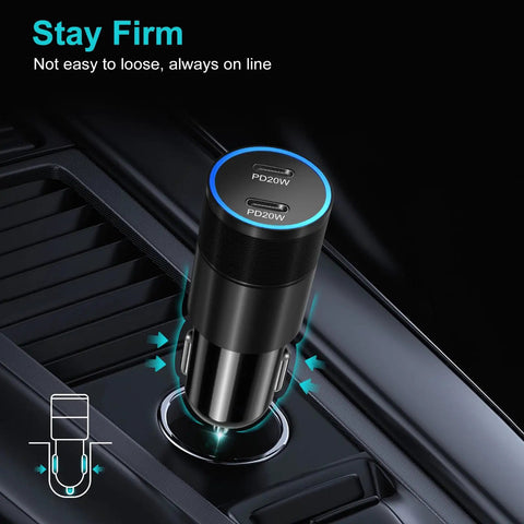 Dual Port USB C Car Charger With Super Fast 40W Output Adapter with PD20W ports plugged into a car's cigarette lighter.