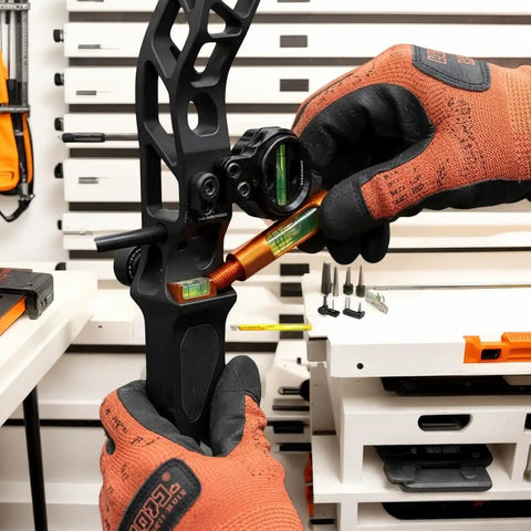 Using Pro Grade Archery Bow Leveler Tool for Precision Sight Rest and D Loop Alignment on compound bow.
