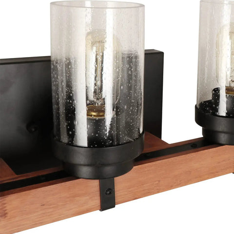 Close-up of Three Light Dope Vintage Wood Wall Mount Sconce With Bubble Glass Shade For Bathroom Vanity and Mirror Ideal