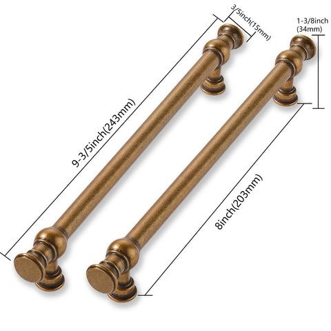 Image of 2 Pack 8 Inch Center Antique Brass Cabinet Pulls Heavy Duty Solid Zinc Alloy Handles with dimensions labeled for cabinets.
