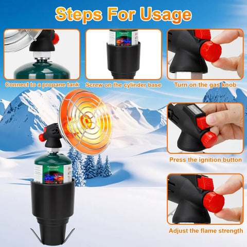 Portable Propane Heater for Golf Carts With Cup Holder Keeps You Toasty In Cold Rounds showing usage steps and control valves