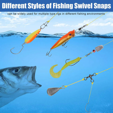 Must Have Pocket Fishing Kit With 140 Pcs Swivels And Snaps, 6 High Strength Types Plus Beads, Heavy Duty Metal Construction Stored In Clear Plastic Box For Quick Access On Freshwater And Saltwater Angling displaying swivel snaps with lures and hooks