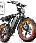 All Terrain Fat Tire Electric Bike For Adults With 1500W Peak Motor 48V 15Ah Built In Battery 60 Mile Range 20 Inch Dual Suspension Ebike For Off Road And City Commuting shown with glowing wheels and smartphone app.