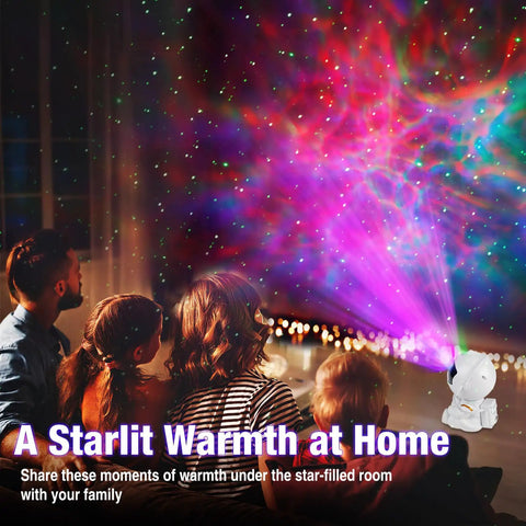 White Astronaut Star Projector Night Light For Kids Room With Cool Star Holding Astronaut Galaxy Lamp For Bedroom Space Decor And Awesome Gift Idea Calming Cosmic Projection For Sleep Fun Night Light creating starry ceiling effect in family room