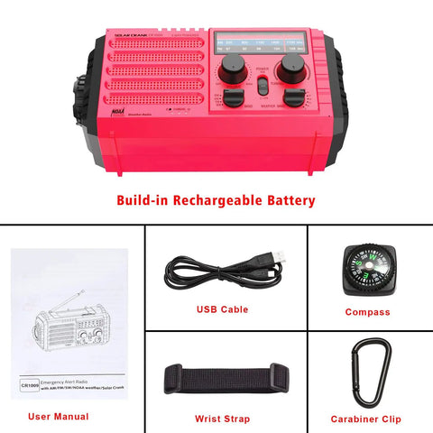 NOAA Weather Radio With Battery Backup And Solar Hand Crank, Portable AM FM Shortwave Receiver, Red, with accessories