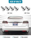 Tesla Model 3 And Model Y Rear License Plate Holder Bracket Frame With Screws Caps And Backseat Air Vent Cover Replacement Kit 109684400B Direct Fit Easy Install Now showing bolt sizes and rear view