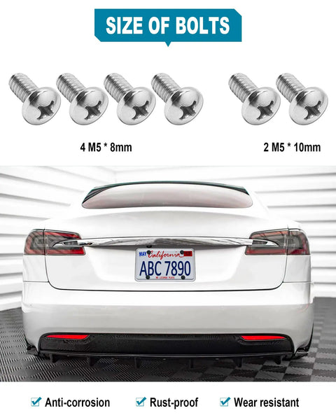 Tesla Model 3 And Model Y Rear License Plate Holder Bracket Frame With Screws Caps And Backseat Air Vent Cover Replacement Kit 109684400B Direct Fit Easy Install Now showing bolt sizes and rear view