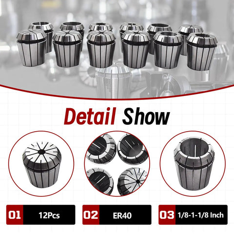 ER40 Collets Set 12 Pieces Common Sizes From One Eighth Inch To One And One Eighth Inch For R8 CAT40 BT40 CNC Chucks Or Holders