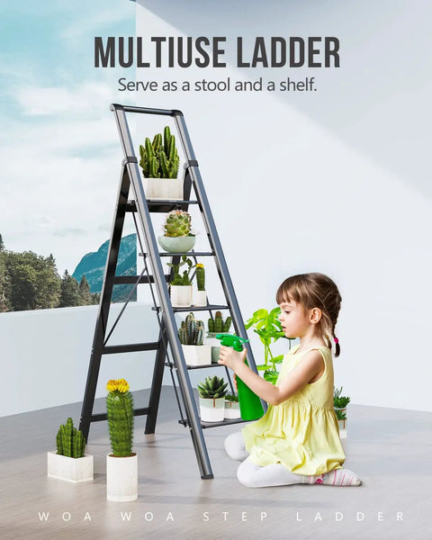 Five Step Home Ladder With 300 Lb Capacity And 46 Inch Top Step, Stable No Wobble Design With Side And Back Braces, Slim Fold For Easy Storage, Compact Black Indoor Utility Ladder used for plant care