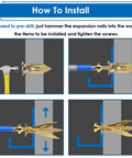 Installation guide for 160Pcs Self Drilling Drywall Anchors With Screws Kit showing step-by-step process in four images.