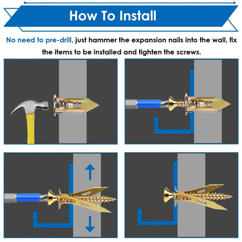 Installation guide for 160Pcs Self Drilling Drywall Anchors With Screws Kit showing step-by-step process in four images.