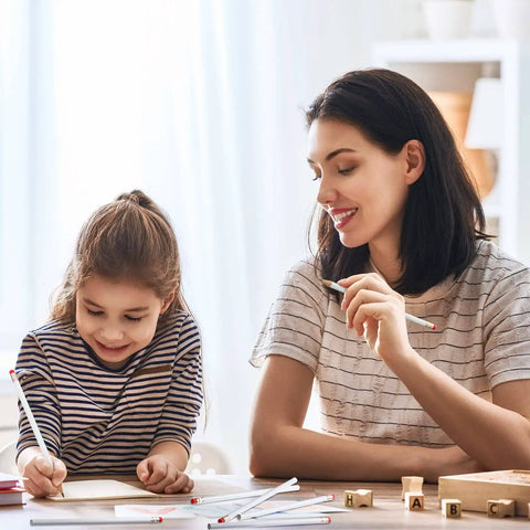 Mother and daughter drawing with 24 Pieces Round Pencils With Erasers HB Graphite Wood Pencils for school and crafts.