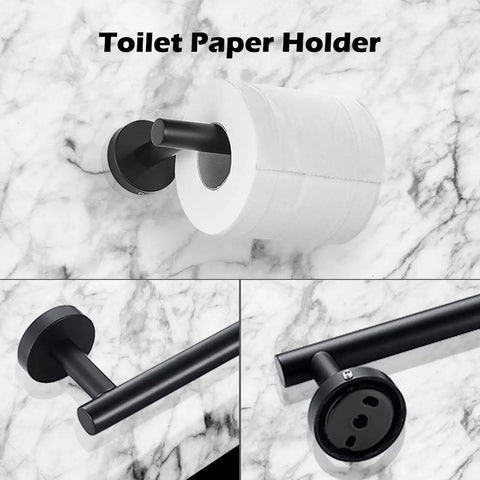 Wall-mounted stainless steel toilet paper holder from Eight Piece Adjustable Matte Black Bathroom Hardware Set With Telescopic Towel Rail From 15 To 27 Inches Includes Double Towel Bar Stainless Steel Toilet Paper Holder Towel Ring And Robe Hook Wall Mounted