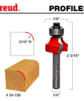 Radius 3/16 Inch Rounding Over Router Bit With Quadra Cut For Flawless Wood Finishes, illustrating dimensions and profile.