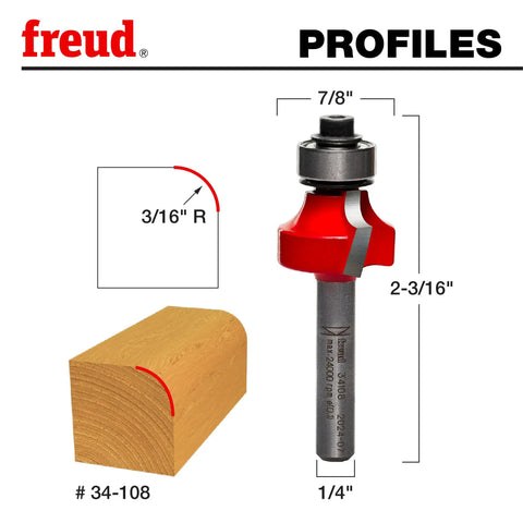 Radius 3/16 Inch Rounding Over Router Bit With Quadra Cut For Flawless Wood Finishes, illustrating dimensions and profile.