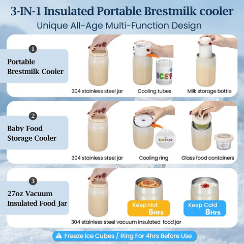 Killer Three In One Breast Milk Chiller And Portable Bottle Cooler With Double Wall Stainless Steel Build For Hassle Free Nursing Storage And Slick Travel Feeding Essentials image showing portable 304 stainless steel jars and cooling components.