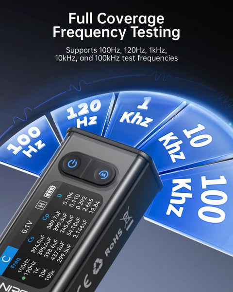 All In One SMD LCR ESR Meter With Tweezer Probes Auto Sort And Compare showing frequency range from 100 Hz to 100 kHz