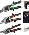 3 Pack 10 Inch Aviation Tin Snips Set For Sheet Metal Cutting, straight, left, right cuts, Chrome Vanadium steel, safety lock shown
