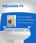 Adjustable fit feature of Topseat Pro 2 Durable Wood Toilet Seat, Slow Close, Round, White showing precise alignment design.