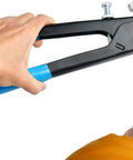 Close-up of rivet nut gun in use, part of 191 Piece Heavy Duty Blind Rivet Nut Kit Set With Pro Grade Rivet Nut Gun And 185 Piece Metric Nuts M3 M4 M5 M6 M8 For Auto Marine And Metalworking Projects High Strength Steel Rivnuts For Strong Secure Fastening.