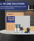 All In One Drywall Repair Patch Kit For Large Holes 12 By 12 Inch Panel Quick And Easy Fix For Walls And Drywall Comes With Clear Instructions Sand Smooth Finish Durable Patch Save Time And Restore Smooth Surfaces displayed on a table with components